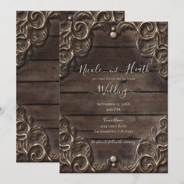 Invitation Mariage Occidental Rustique Vintage Bois Sombre et (Devant / Derrière)