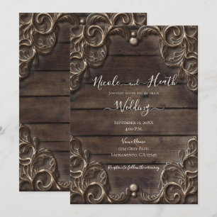 Invitation Mariage Occidental Rustique Vintage Bois Sombre et