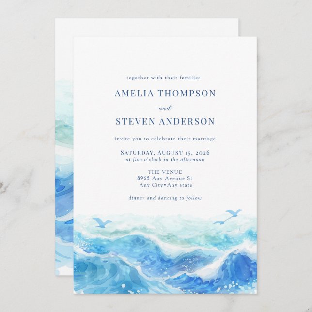 Invitation Mariage Océan bleu (Devant / Derrière)