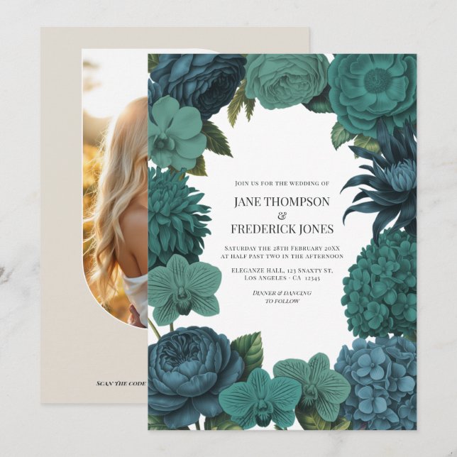 Invitation Mariage Ocean Émeraude, Lagune Profonde & Teal de  (Devant / Derrière)