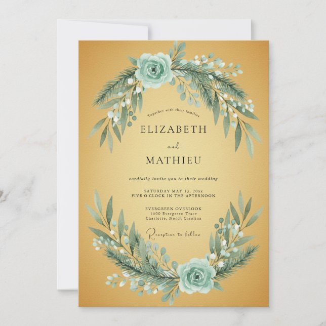 Invitation Mariage Ochre Aqua Feuillage Eucalyptus (Devant)