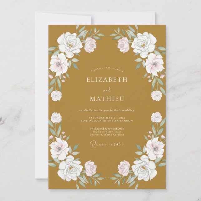 Invitation Mariage Ochre Blanc Ranunculus Eucalyptus (Devant)