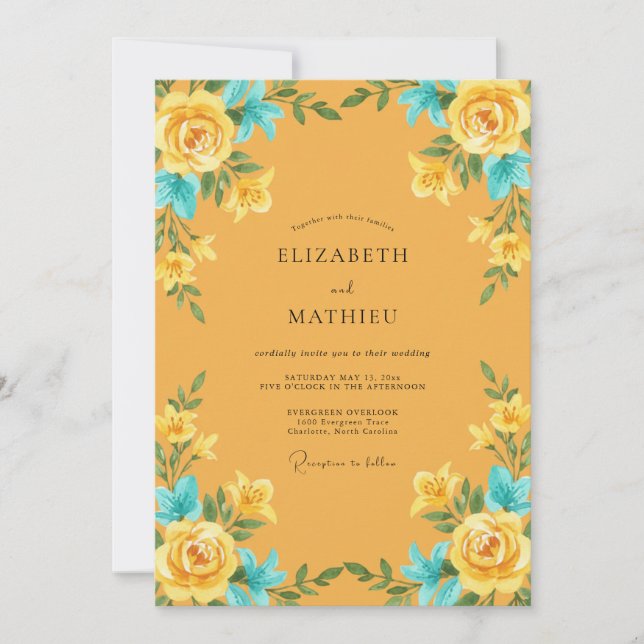 Invitation Mariage Ochre Turquoise Ranunculus Eucalyptus (Devant)