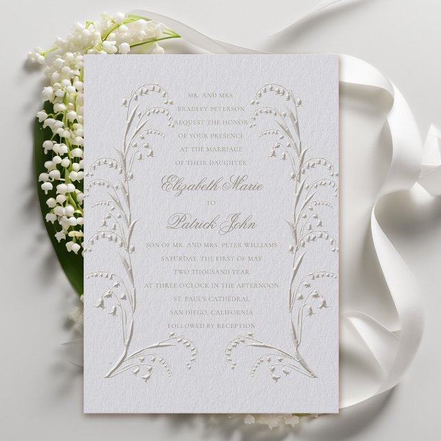 Invitation Mariage officiel de Faux Embossé Lily Valley Ivory (formal wedding invitation classic traditional faux embossed lily of the valley frame ivory)