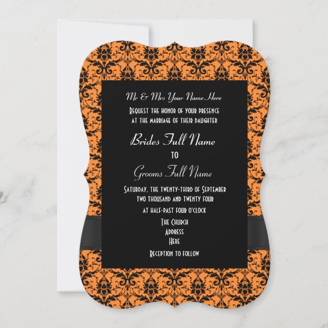 Invitation Mariage officiel orange et noir damassé (Devant)