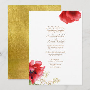 Invitation Mariage officiel Rouge Floral & Or métallique