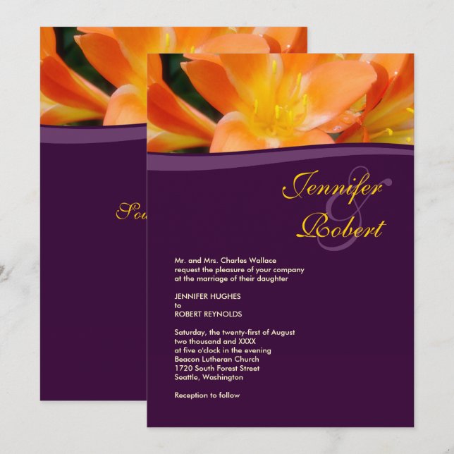 Invitation Mariage officiel violet et orange (Devant / Derrière)