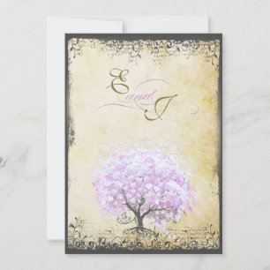 Invitation Mariage Oiseau Arbre Lavande Feuille de Coeur Vint
