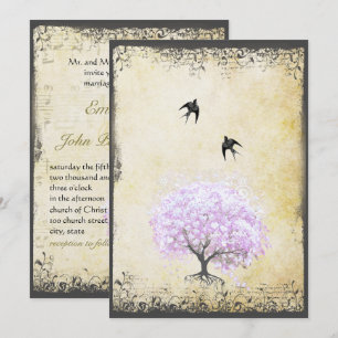 Invitation Mariage Oiseau Arbre Lavande Feuille de Coeur Vint