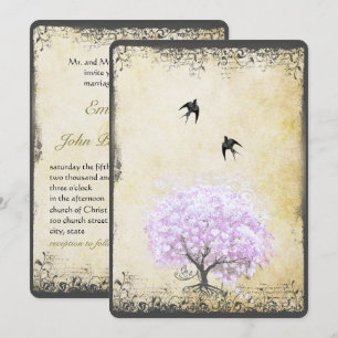 Invitation Mariage Oiseau Arbre Lavande Feuille de Coeur Vint