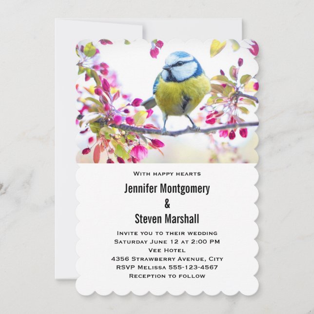 Invitation Mariage Oiseau Bleu et Jaune sur une Branche (Devant)