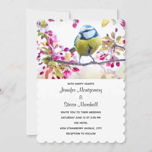 Invitation Mariage Oiseau Bleu et Jaune sur une Branche (Devant)