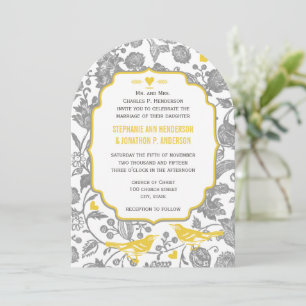 Invitation Mariage Oiseau d'Amour Floral Gris et Jaune Vintag