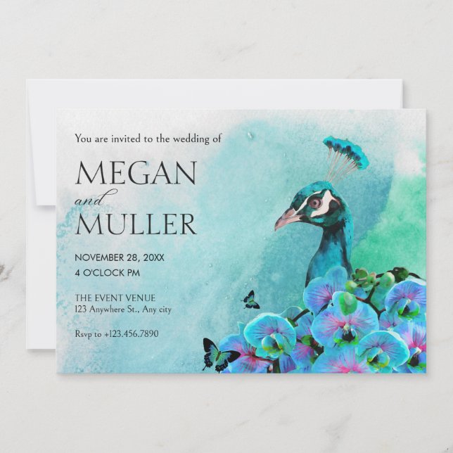 Invitation Mariage oiseau paon bleu esthétique (Devant)