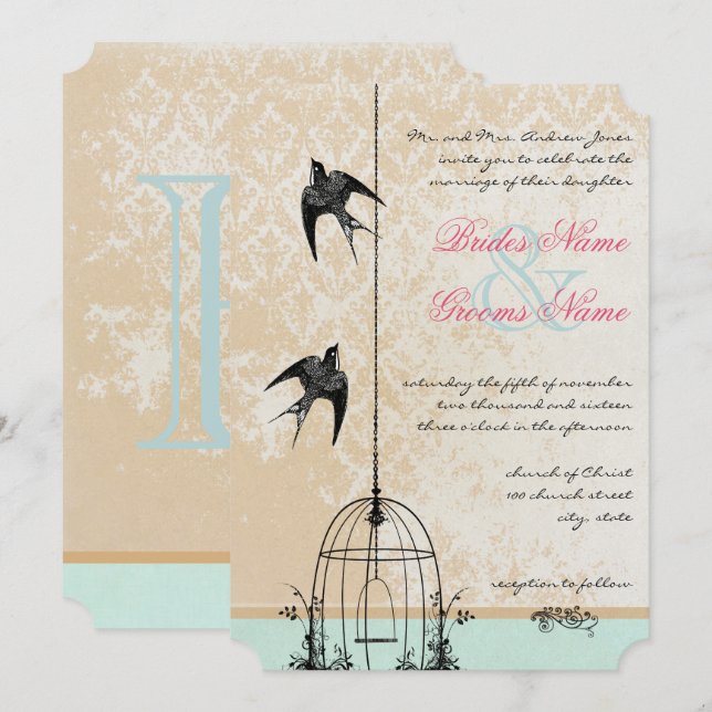 Invitation Mariage Oiseaux Amour Rustique Die Cut Cage à Oise (Devant / Derrière)