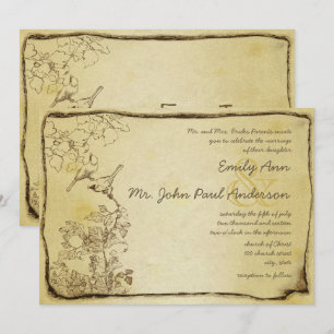Invitation Mariage Oiseaux d'Amour Vintage Parchemin Or