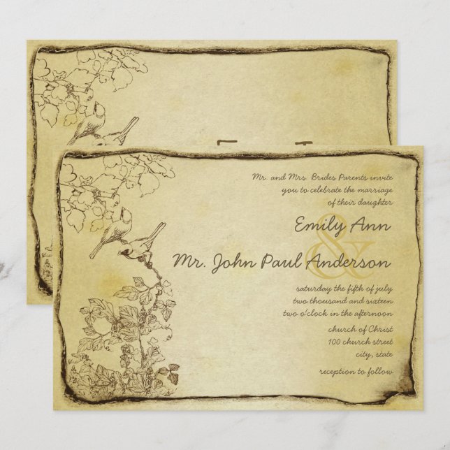 Invitation Mariage Oiseaux d'Amour Vintage Parchemin Or (Devant / Derrière)