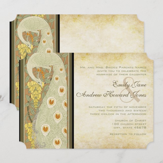 Invitation Mariage Oiseaux de l'Amour Art Nouveau (Devant / Derrière)