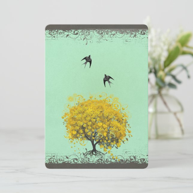 Invitation Mariage Oiseaux de l'Amour Feuille de Coeur Rustiq (Debout devant)