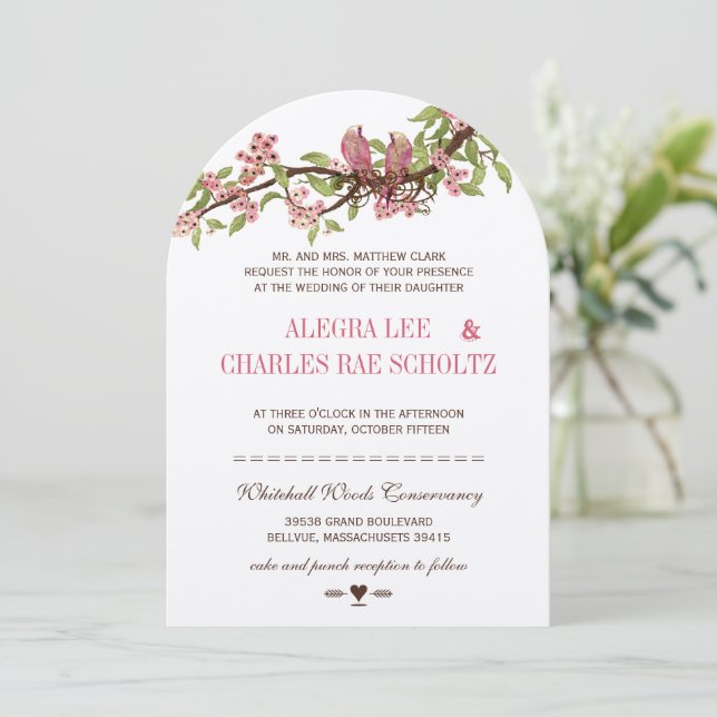 Invitation Mariage Oiseaux de l'Amour Rose Fleur de Cerisier  (Debout devant)