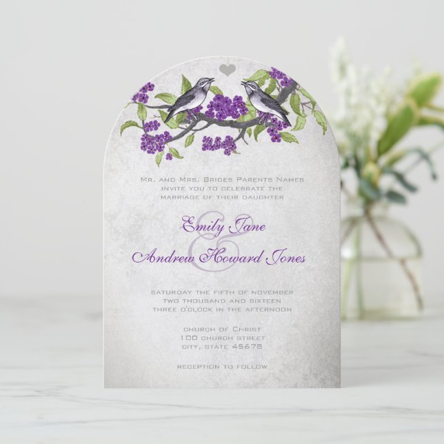 Invitation Mariage Oiseaux de l'Amour Vintage Violet & Gris (Debout devant)