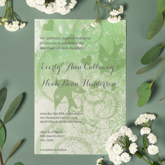 Invitation Mariage Oiseaux et Tourbillons de la Forêt Vert Sa (Créateur téléchargé)