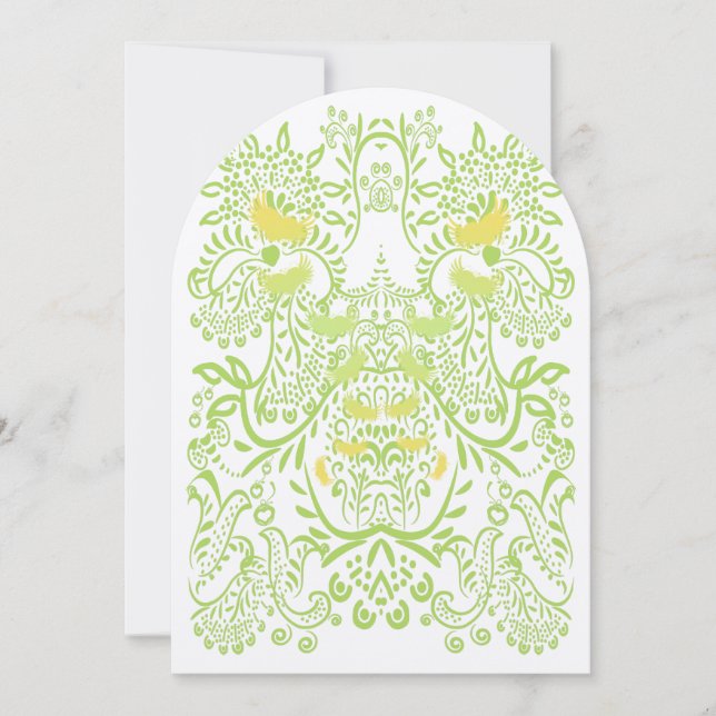 Invitation Mariage oiseaux fantaisistes vert citron jaune beu (Devant)
