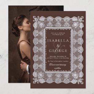 Invitation Mariage Old Money Photo Brun Chocolat Dentelle