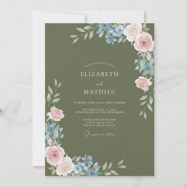 Invitation Mariage Olive Bleuet Ranunculus Eucalyptus (Devant)