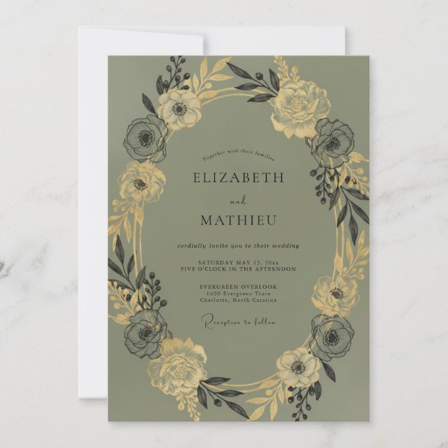 Invitation Mariage Olive Champagne Feuillage Eucalyptus (Devant)