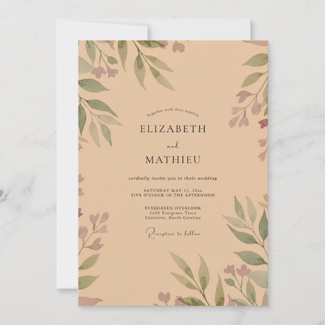 Invitation Mariage Olive Champagne Feuillage Sauge (Devant)