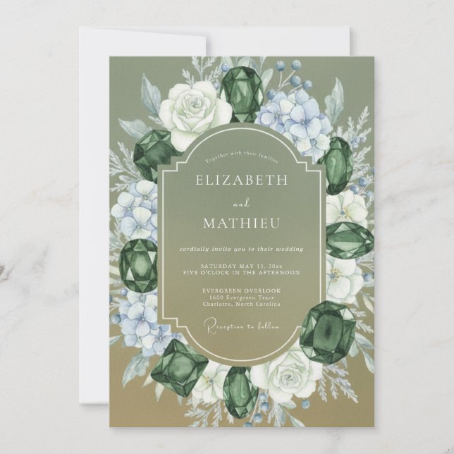 Invitation Mariage Olive Pervenche Hydrangea Eucalyptus (Devant)