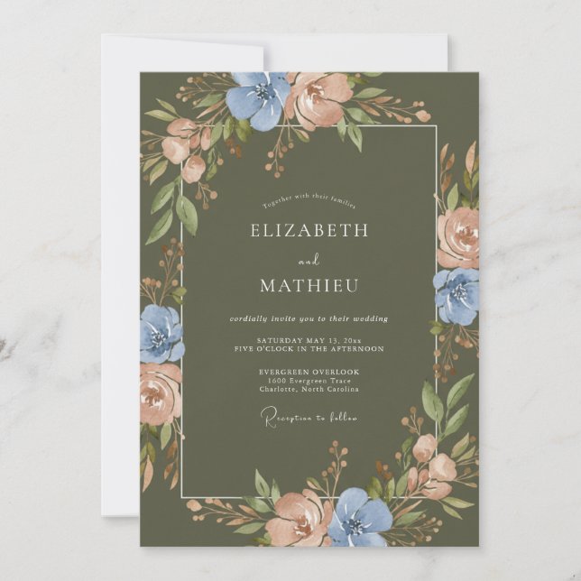 Invitation Mariage Olive Pervenche Ranunculus Eucalyptus (Devant)