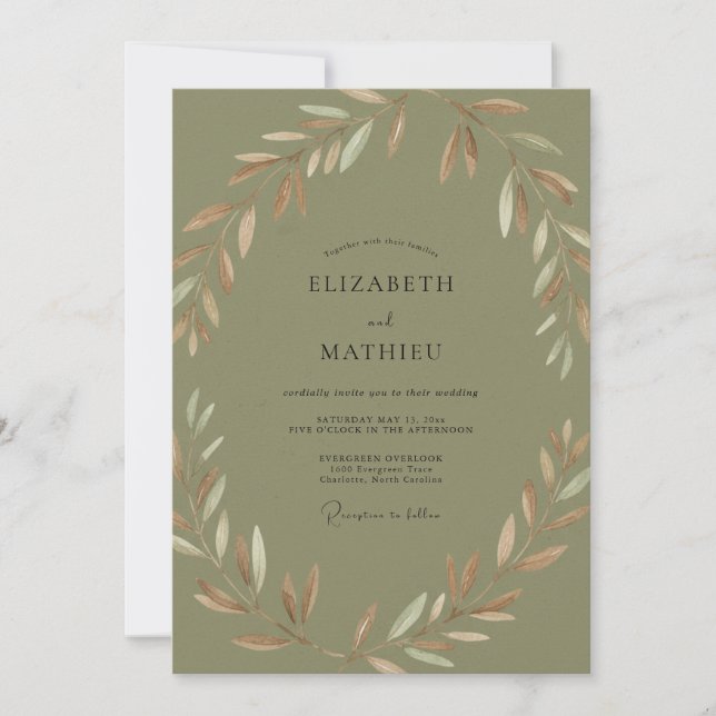 Invitation Mariage Olive Terracotte Feuillue Poussiéreuse (Devant)