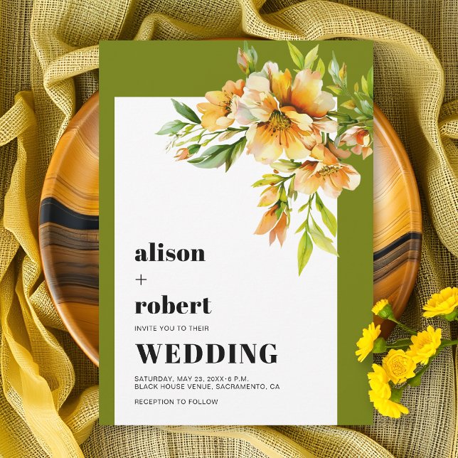 Invitation Mariage olive vert rhododendron jaune orange (Créateur téléchargé)