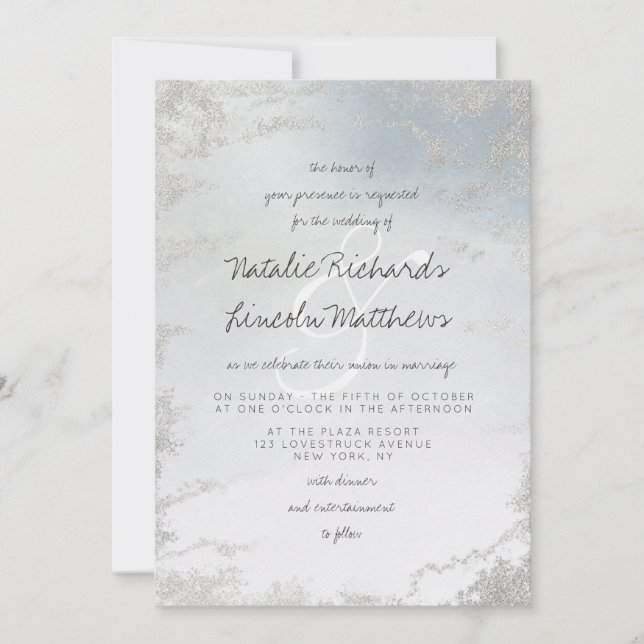 Invitation Mariage Ombre Dusty Blue Frosted Silver Foil Luxe (Devant)
