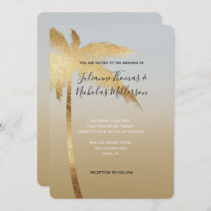 Invitation Mariage Ombre Gold Blue Palm Tree
