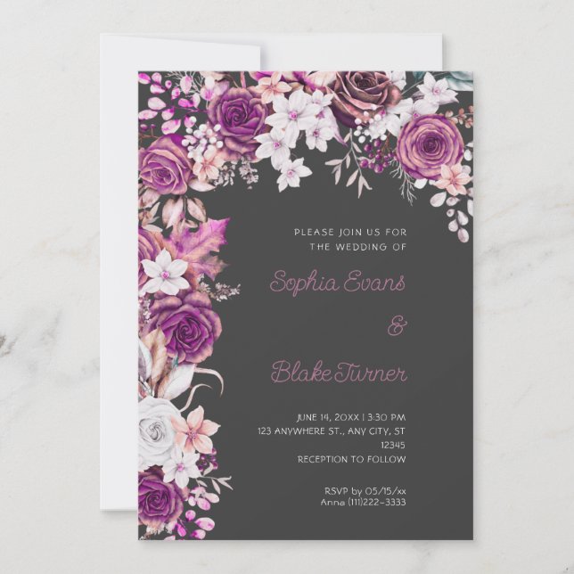 Invitation Mariage ombré gris aux roses violettes et blanches (Devant)