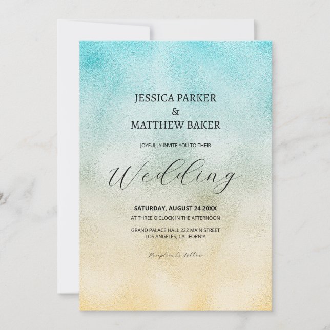 Invitation Mariage ombré or et aqua sous feuille (Devant)