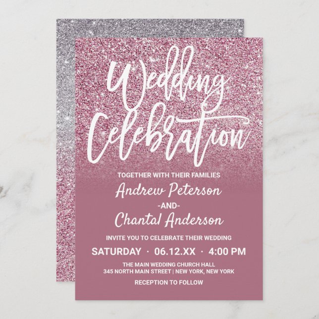 Invitation Mariage Ombre Parties scintillant Cassis rose Arge (Devant / Derrière)