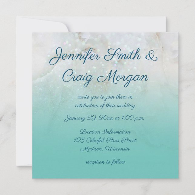 Invitation Mariage Ombré Turquoise Marbre Pailleté (Devant)