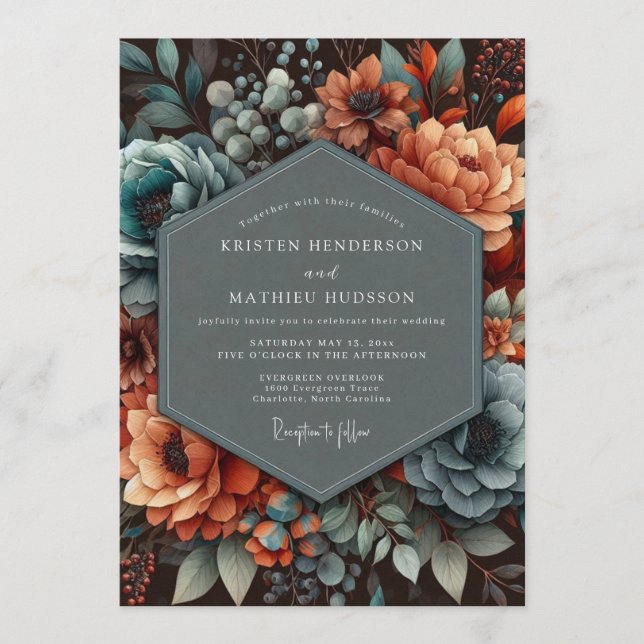 Invitation Mariage ombreux cuivre sarcelle (Devant)