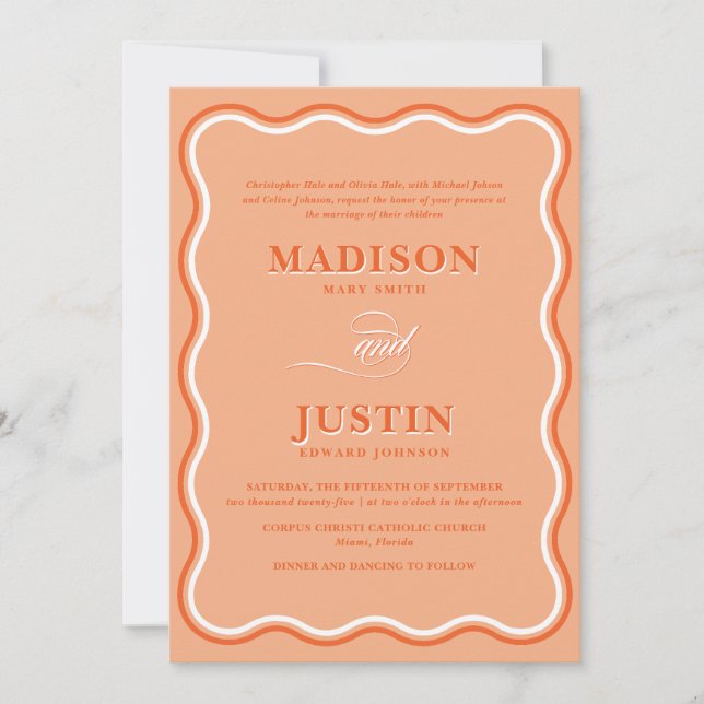 Invitation Mariage ondulé rétro Orange Peach (Devant)