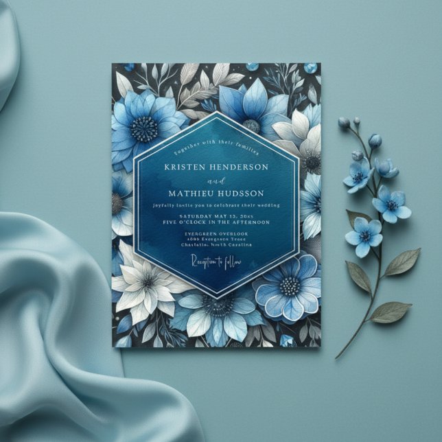 Invitation Mariage Opulence Botanique Bleu Profond (Créateur téléchargé)