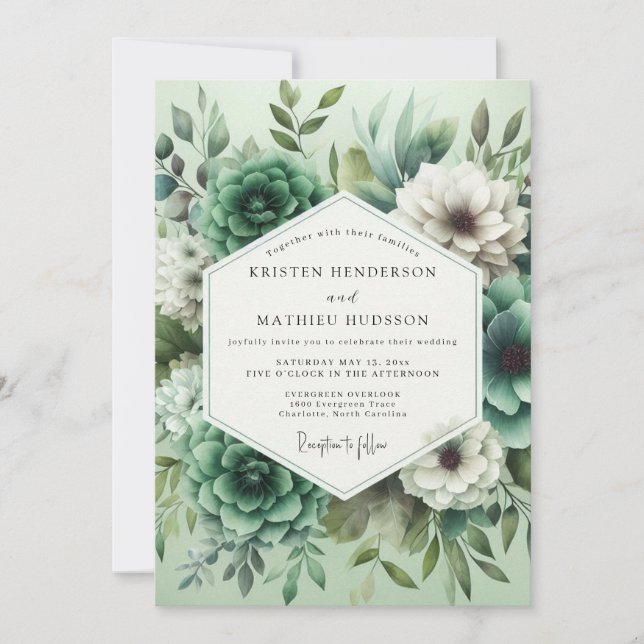 Invitation Mariage Opulence Fleurie Vert Menthe (Devant)