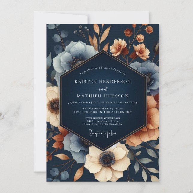 Invitation Mariage Opulence Florale Automnale Navy (Devant)