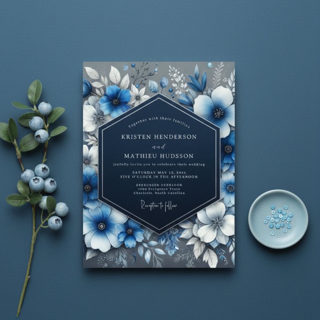 Invitation Mariage Opulence Florale Bleu Marine (Créateur téléchargé)