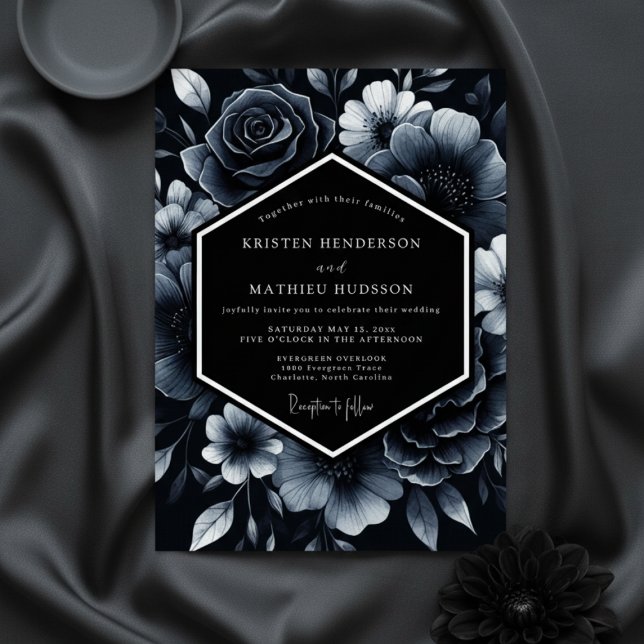 Invitation Mariage Opulence Florale Bleu Profond (Créateur téléchargé)