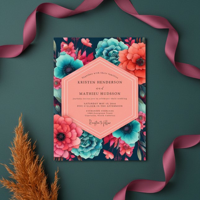 Invitation Mariage Opulence Florale Corail Sarcelle (Créateur téléchargé)
