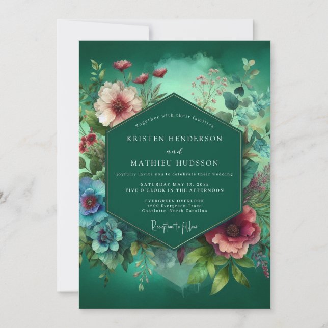 Invitation Mariage Opulence Florale Émeraude Profonde (Devant)